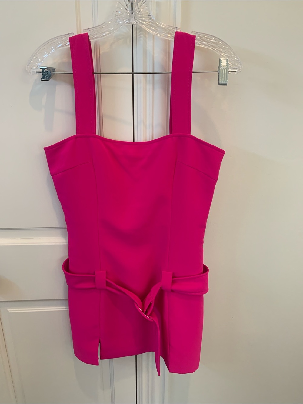 Like new—-Amanda Uprichard Hot Pink Square-Neck Mini Romper with Belt - Picture 3 of 6